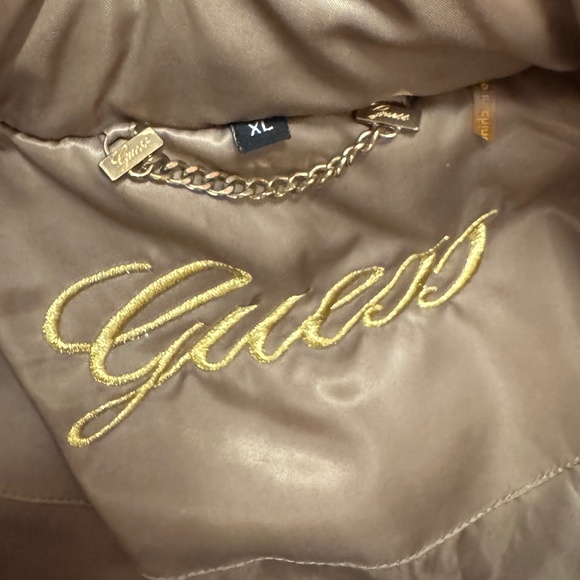 Guess - Champagne/Taupe Mid-length Down Puffer Coat w/Removable Fur-Lined Hood - Picture 7 of 8